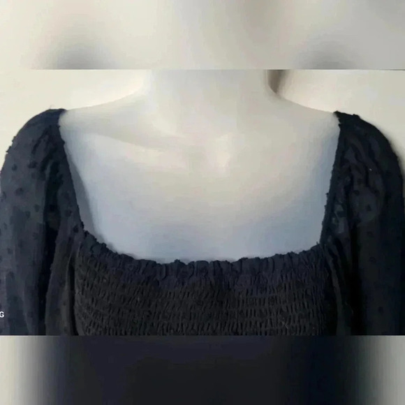 Lush Smocked Top Sheer Polkadot Puff Sleeve black womens sz Med. Crop Ruffle hem - Picture 2 of 9
